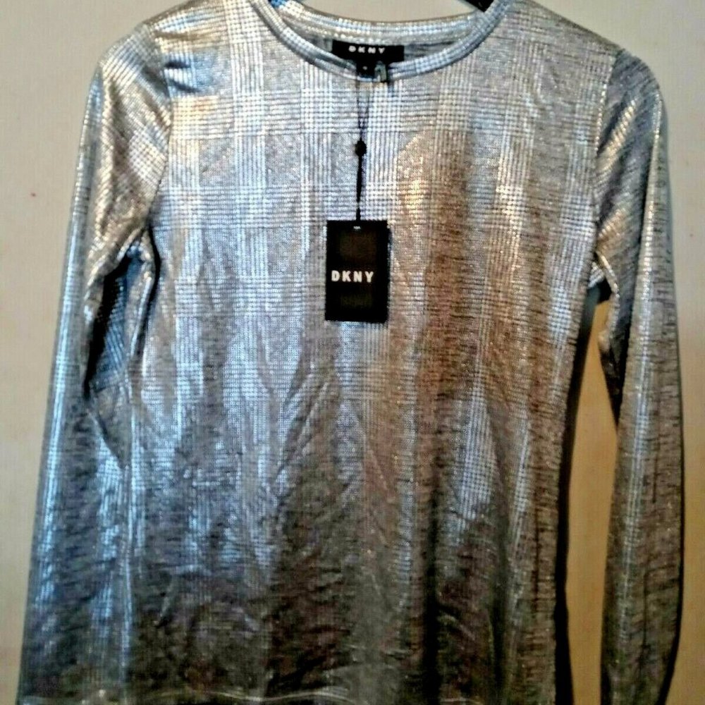 DKNY Women's Silver Metallic Long Sleeve Jewel Neck Blouse Size: XS
